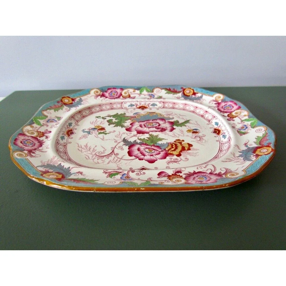 Antique Cauldon England Bentinck Turquoise Transferware Platter Victorian c1900